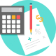 Pictogramme représentant une calculatrice, une feuille et un stylo pour inviter les gens à effectuer une simulation pour calculer le coût de leur projet de rénovation énergétique en ligne gratuitement