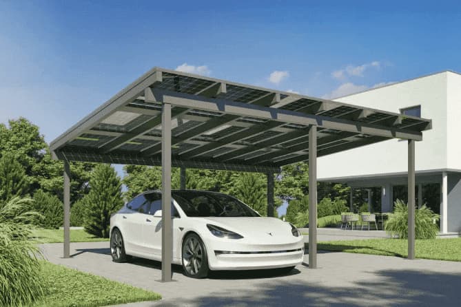 Image représentant un carport photovoltaïque pour produire de l'électricité via son toit équipé de panneaux solaires et abriter sa voiture